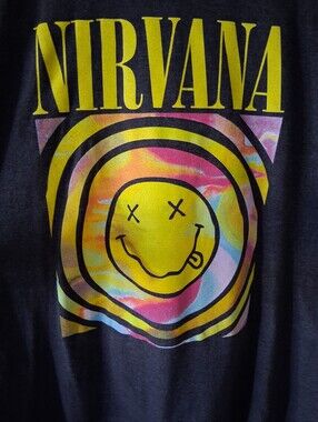 NIRVANA Black Tee with Yellow Smiley and Rainbow Swirl - Never Worn